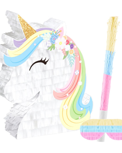 Close-up of the pastel rainbow paper fringe mane on the unicorn pinata