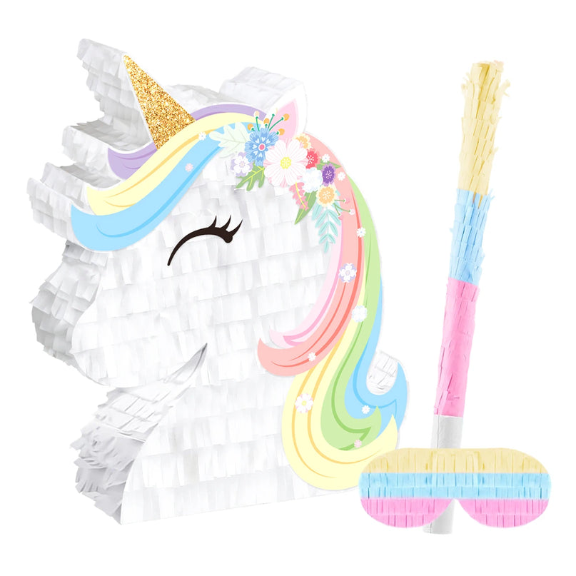 Close-up of the pastel rainbow paper fringe mane on the unicorn pinata