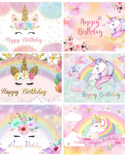 Unicorn head in front of a pastel rainbow on the photo backdrop
