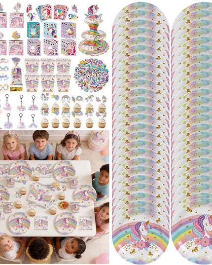 Pastel unicorn paper plates with pink flowers on a party table