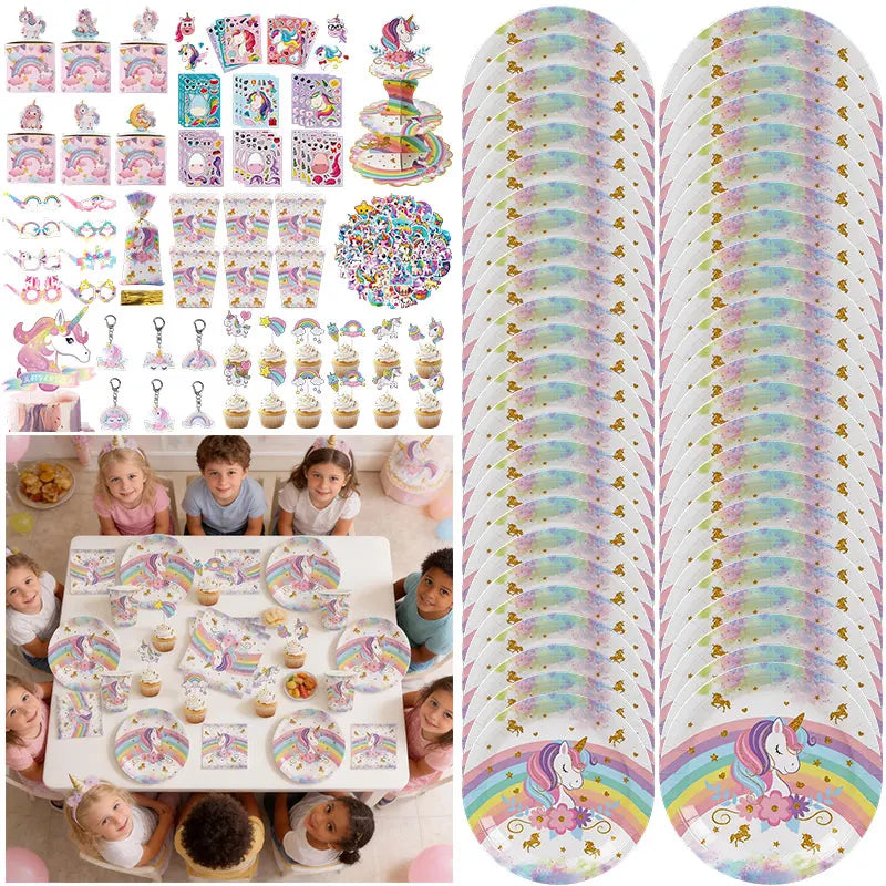 Pastel unicorn paper plates with pink flowers on a party table