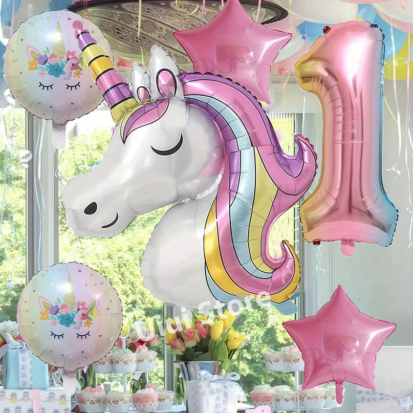 Light blue and lilac party tablecloth with unicorn design