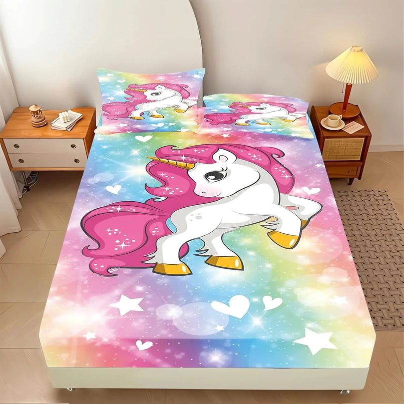 Rainbow Cartoon Unicorn Bed Sheet Set