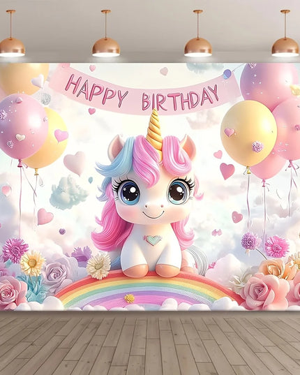 Pink unicorn backdrop decorations with a baby unicorn on a rainbow and balloons