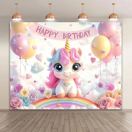 Pink unicorn backdrop decorations with a baby unicorn on a rainbow and balloons