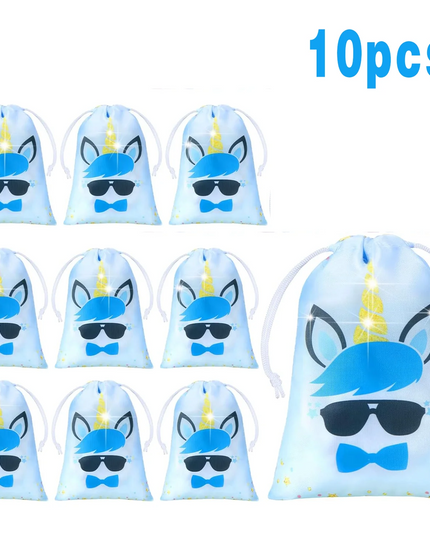 Light blue unicorn party favor bags with sunglasses and blue bow tie