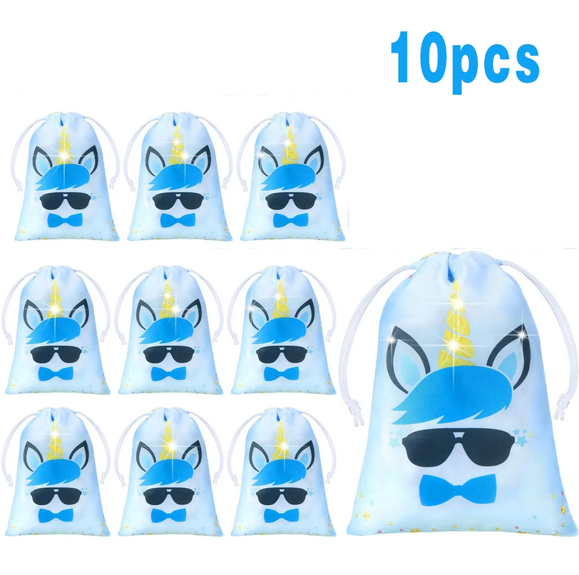 Light blue unicorn party favor bags with sunglasses and blue bow tie