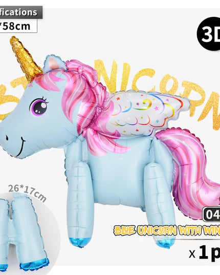 White wings with pastel accents on the light blue unicorn foil balloon