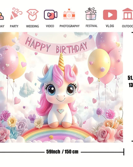 Baby unicorn with pink and blue mane printed on the party backdrop