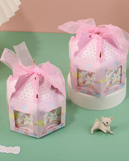 Pink unicorn goodie bags, set of 10, with white dots on the roof