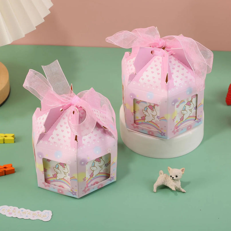 Pink unicorn goodie bags, set of 10, with white dots on the roof
