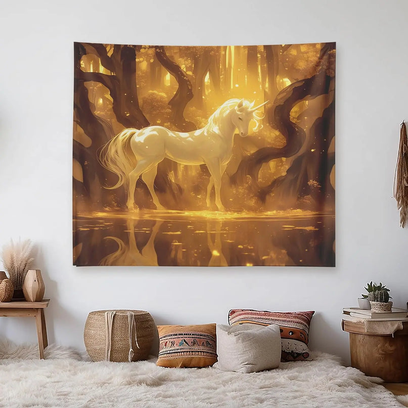 Golden Forest Unicorn Tapestry