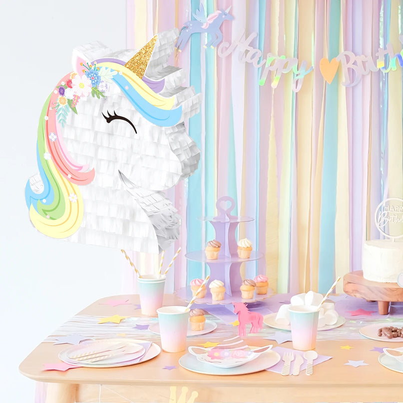Pastel striped blindfold and wooden stick included with the pinata