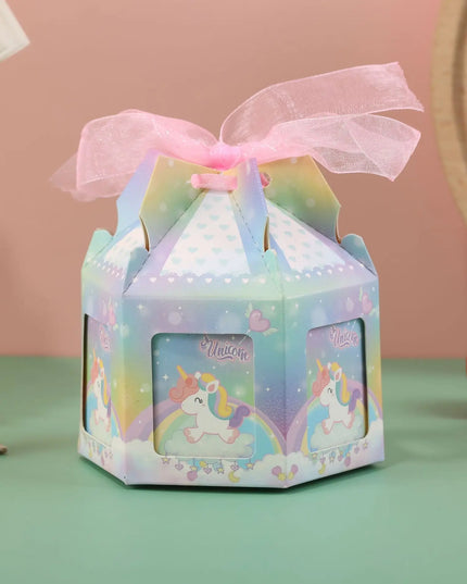Light blue unicorn party goodie bags, 10 carousel favor boxes with pastel gradient