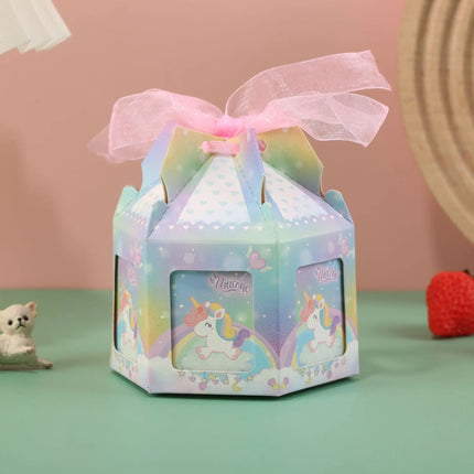 Light blue unicorn party goodie bags, 10 carousel favor boxes with pastel gradient