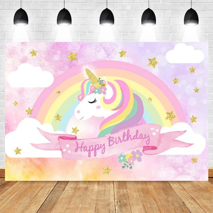 Pink Unicorn and cloud backdrop with golden stars for birthday photos