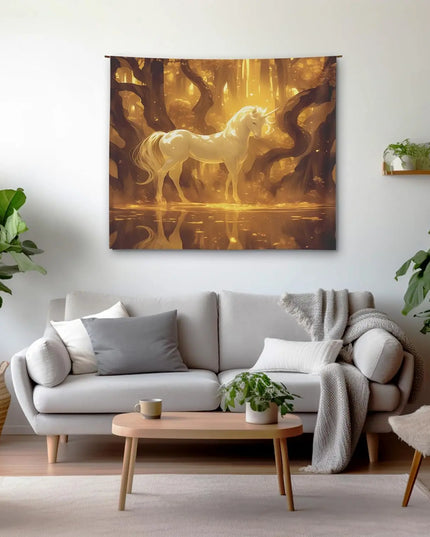 Golden Forest Unicorn Tapestry