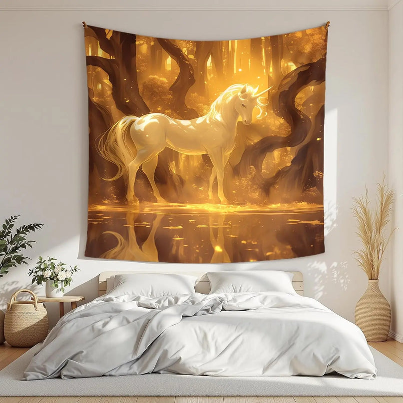 Golden Forest Unicorn Tapestry