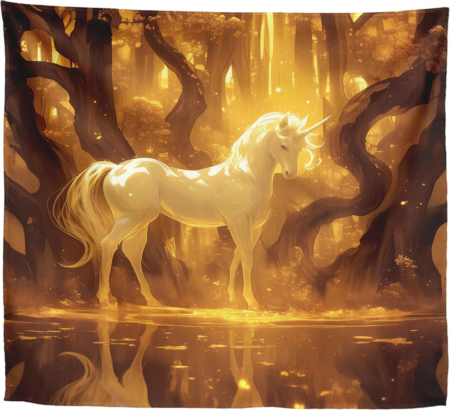 Golden Forest Unicorn Tapestry