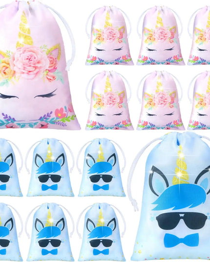Set of ten light blue drawstring bags printed with a unicorn face