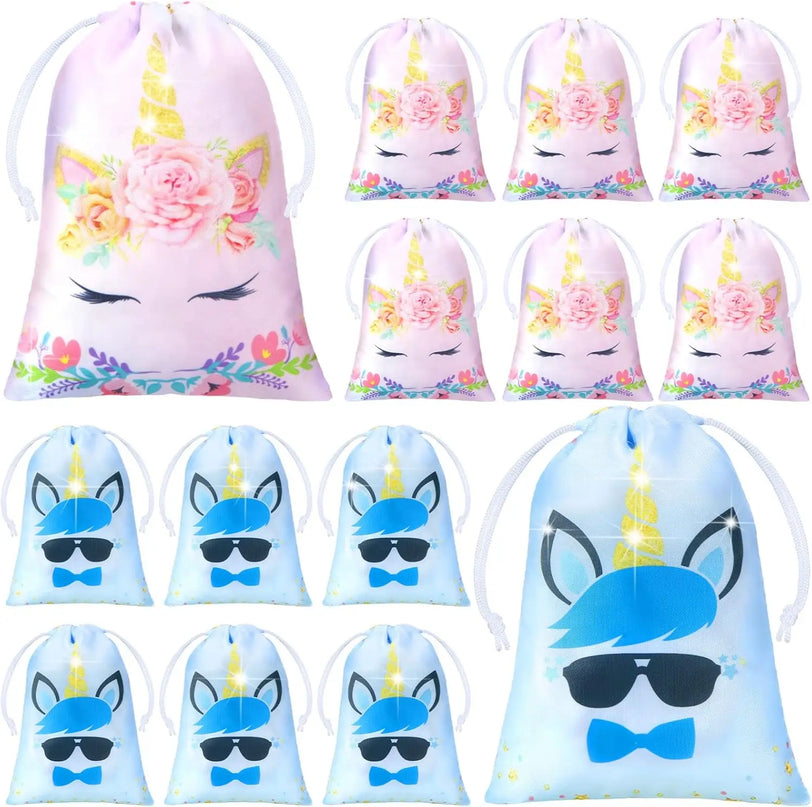 Set of ten light blue drawstring bags printed with a unicorn face