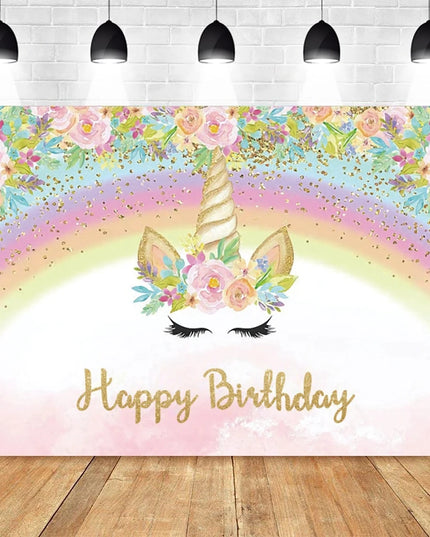 Pink Unicorn flower backdrop with golden horn and flower crown for birthday photos