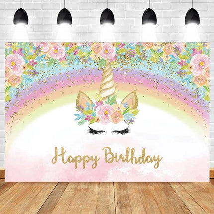 Pink Unicorn flower backdrop with golden horn and flower crown for birthday photos