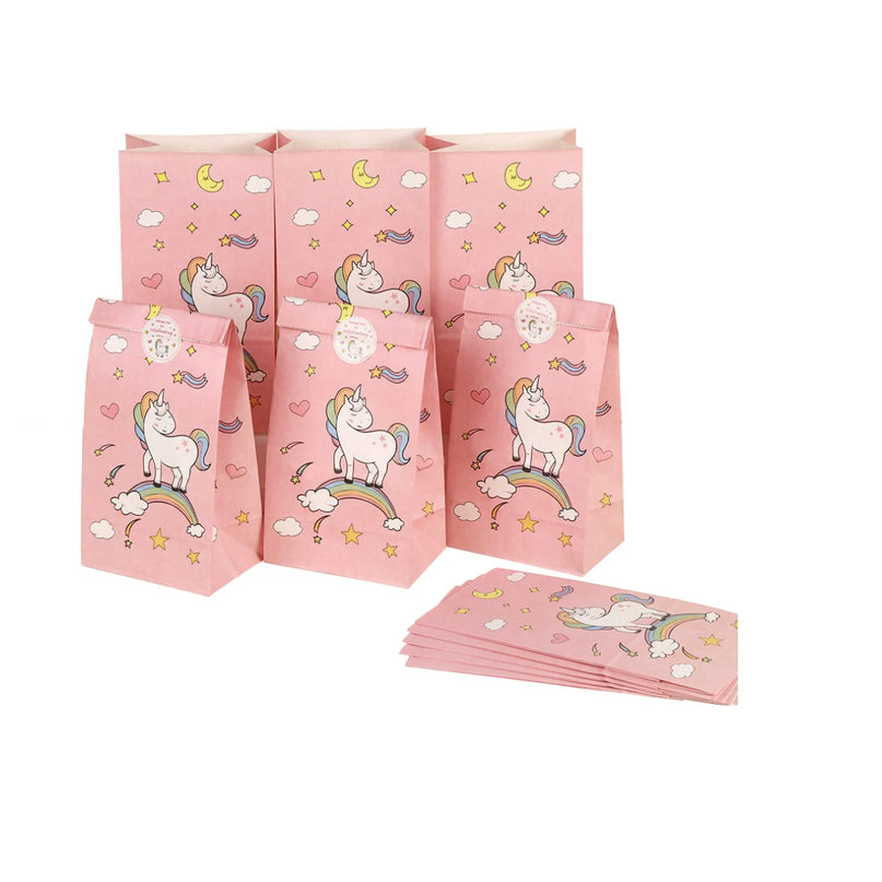 Twelve party favor bags with unicorn print lined up side by side