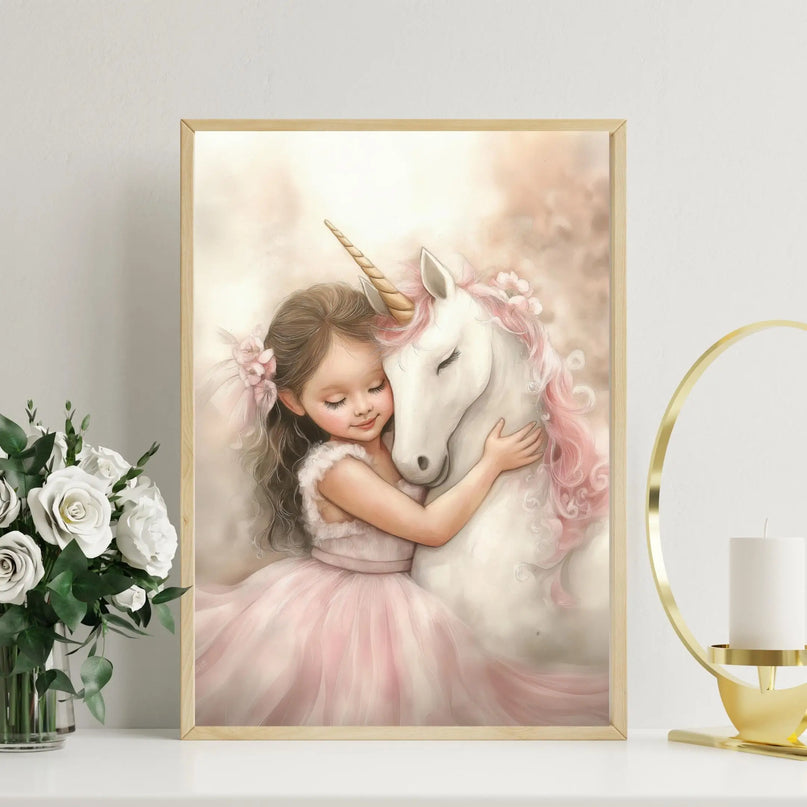Kawaii Pink Girl and Unicorn Wall Art