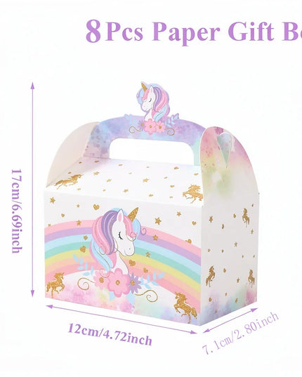 White unicorn party favor boxes with pastel rainbow and gold glitter accents, set of 8