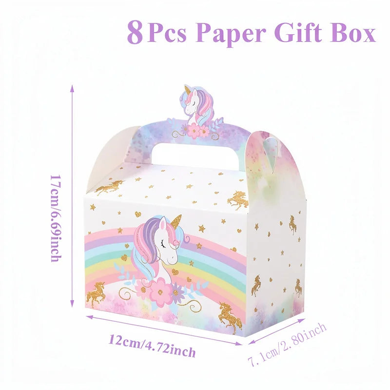 White unicorn party favor boxes with pastel rainbow and gold glitter accents, set of 8