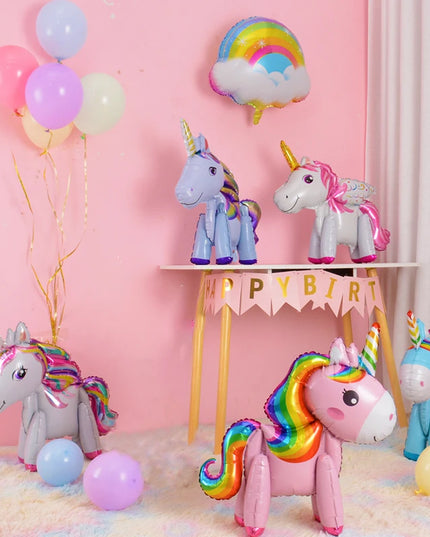 Unicorn balloon head close-up showing the silver foil and rainbow mane