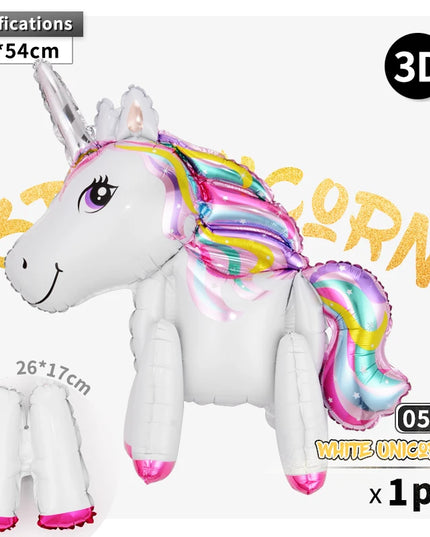 Unicorn balloon standing upright next to birthday decorations