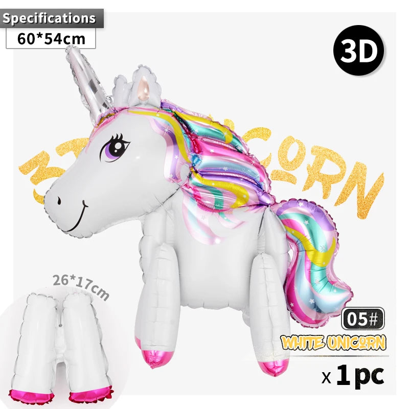 Unicorn balloon standing upright next to birthday decorations
