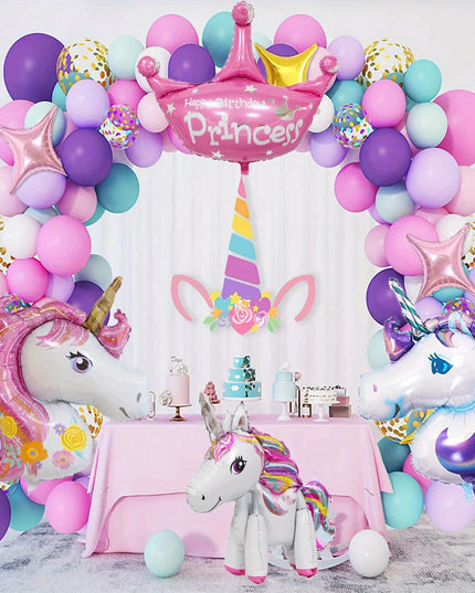 Close-up of lilac, mint and gold confetti balloons in the arch