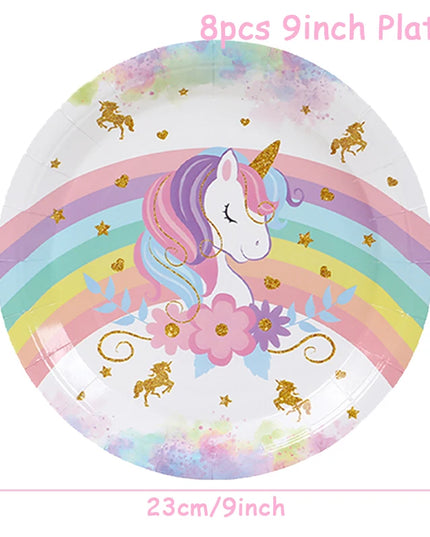 Rainbow unicorn paper plates, 8-piece set with pastel rainbow and gold unicorn print