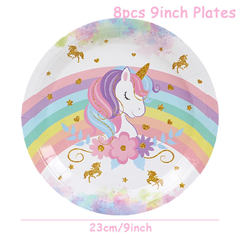 Rainbow unicorn paper plates, 8-piece set with pastel rainbow and gold unicorn print