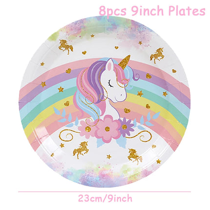 Rainbow unicorn paper plates, 8-piece set with pastel rainbow and gold unicorn print