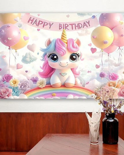 Happy Birthday banner section of the pink unicorn photo wall