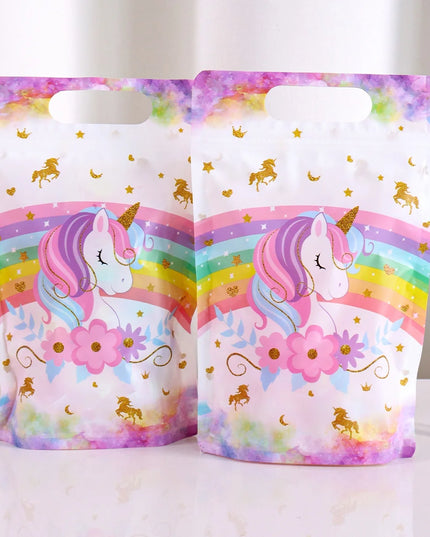 Set of 20 goodie bags arranged side by side for a unicorn party
