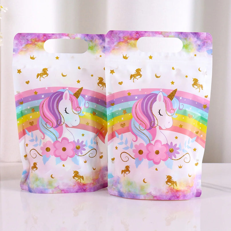 Set of 20 goodie bags arranged side by side for a unicorn party