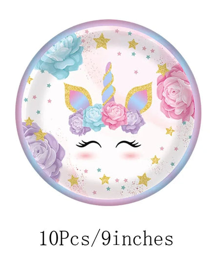 Pastel unicorn plates with lavender rim and gold glitter ears