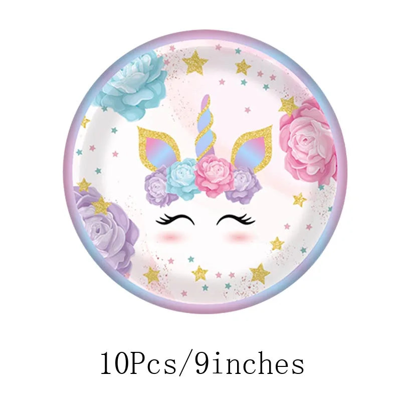 Pastel unicorn plates with lavender rim and gold glitter ears