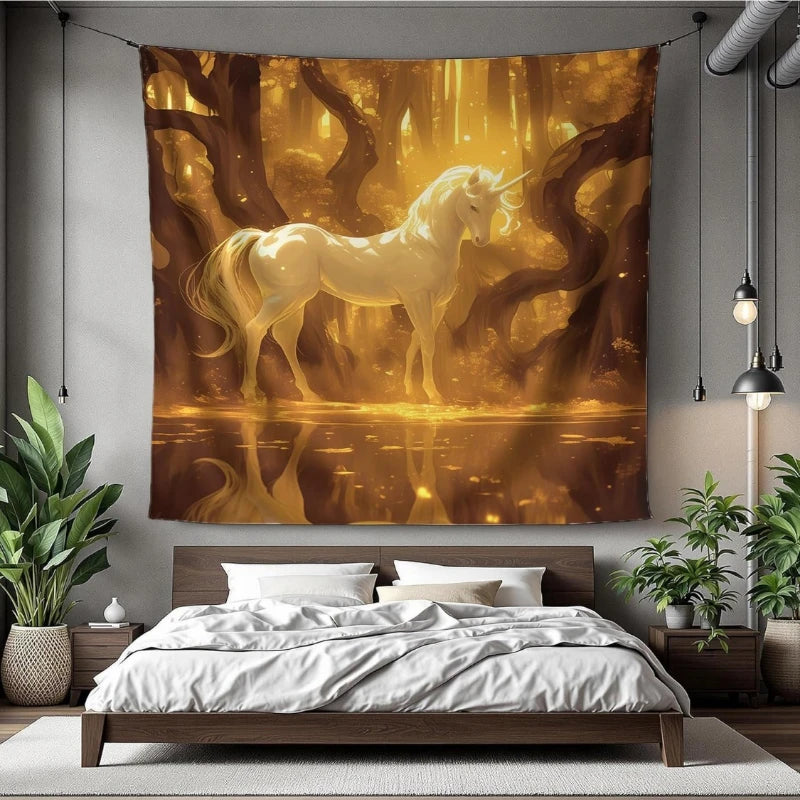 Golden Forest Unicorn Tapestry