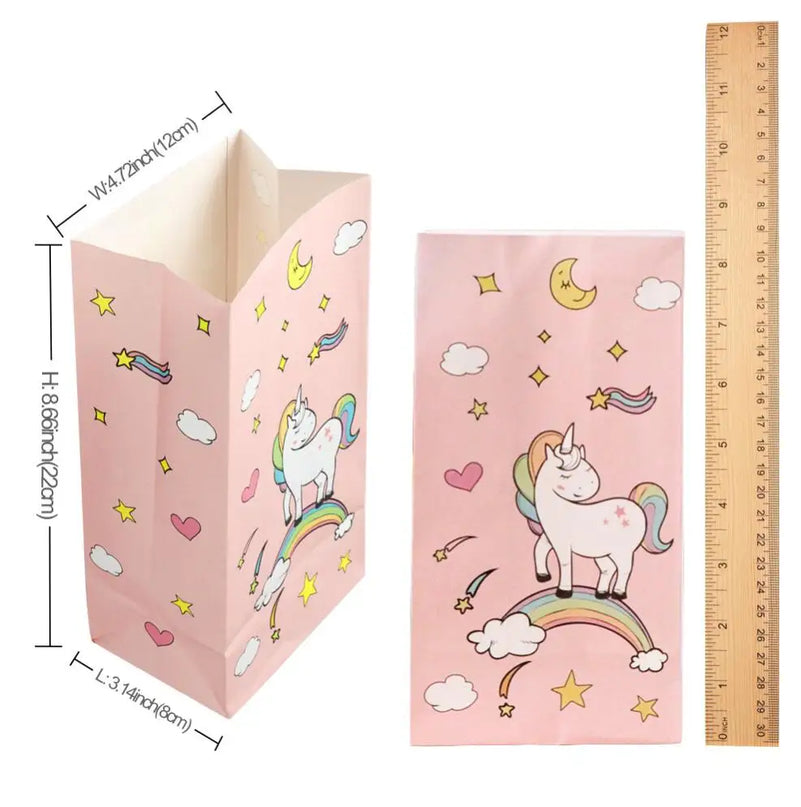 Detail of a unicorn design on a pink party bag