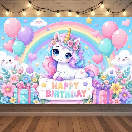 Rainbow unicorn birthday backdrop in light blue with pastel rainbow and pink lettering