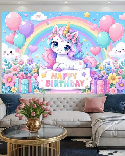 Puffy Happy Birthday lettering in pink and blue on purple background