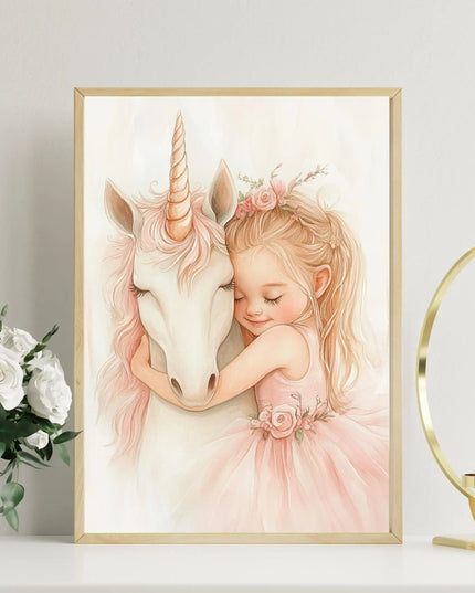 Kawaii Pink Girl and Unicorn Wall Art