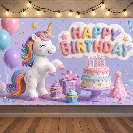 Lavender unicorn happy birthday backdrop with rainbow mane and gold horn