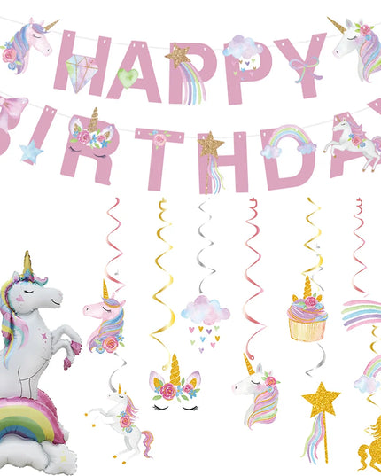 Close-up of the foil letters and small cartoon unicorns on the birthday banner